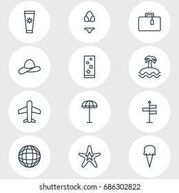 Vector Illustration Of 12 Summer Icons. Editable Pack Of Airplane, Swimwear, Cocktail And Other Elements.