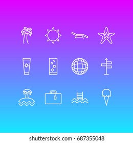 Vector Illustration Of 12 Summer Icons. Editable Pack Of Sunny, Palm, Longue And Other Elements.