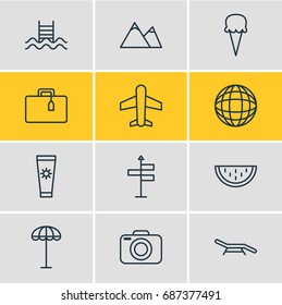 Vector Illustration Of 12 Summer Icons. Editable Pack Of Melon, Airplane, Suitcase And Other Elements.