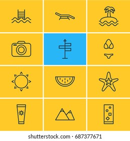 Vector Illustration Of 12 Summer Icons. Editable Pack Of Anti-Sun Cream, Photo Apparatus, Sunny And Other Elements.