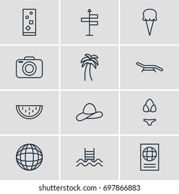 Vector Illustration Of 12 Summer Icons. Editable Pack Of Sorbet, Swimming, Island Elements.