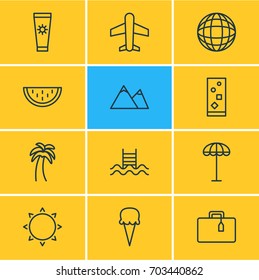Vector Illustration Of 12 Summer Icons. Editable Pack Of Sorbet, Hill, Anti-Sun Cream And Other Elements.