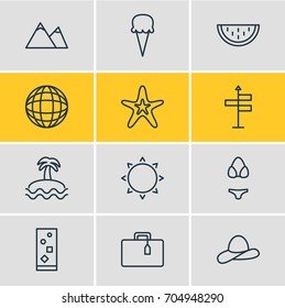 Vector Illustration Of 12 Summer Icons. Editable Pack Of Guide, Swimwear, Earth And Other Elements.