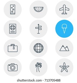 Vector Illustration Of 12 Summer Icons. Editable Pack Of Hill, Sorbet, Fish And Other Elements.