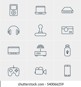 Vector Illustration Of 12 Technology Icons. Editable Pack Of Camcorder, Game Controller, Usb Card And Other Elements.