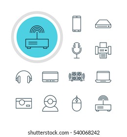 Vector Illustration Of 12 Technology Icons. Editable Pack Of Photocopier, Loudspeaker, Memory Storage And Other Elements.