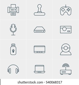 Vector Illustration Of 12 Technology Icons. Editable Pack Of Memory Storage, Monitor, Headset And Other Elements.