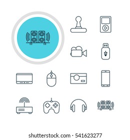 Vector Illustration Of 12 Technology Icons. Editable Pack Of Headset, Usb Card, Camcorder And Other Elements.