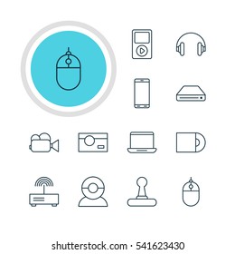 Vector Illustration Of 12 Technology Icons. Editable Pack Of Game Controller, Dvd Drive, Media Controller And Other Elements.