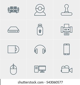 Vector Illustration Of 12 Technology Icons. Editable Pack Of Game Controller, Headset, Usb Card And Other Elements.