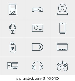 Vector Illustration Of 12 Technology Icons. Editable Pack Of Headset, Joypad, Monitor And Other Elements.