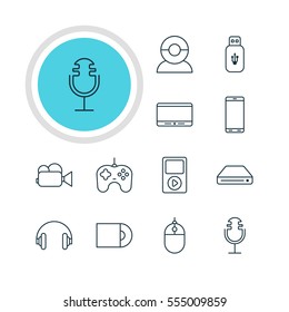 Vector Illustration Of 12 Technology Icons. Editable Pack Of Joypad, Usb Card, Sound Recording And Other Elements.
