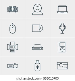 Vector Illustration Of 12 Technology Icons. Editable Pack Of Dvd Drive, Loudspeaker, Sound Recording And Other Elements.