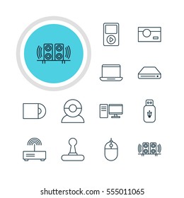 Vector Illustration Of 12 Technology Icons. Editable Pack Of Loudspeaker, Modem, Memory Storage And Other Elements.