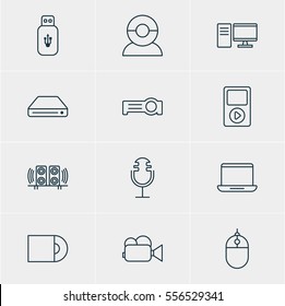 Vector Illustration Of 12 Technology Icons. Editable Pack Of Memory Storage, PC, Loudspeaker And Other Elements.