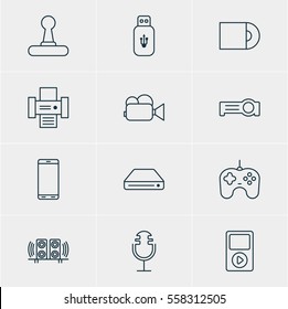 Vector Illustration Of 12 Technology Icons. Editable Pack Of Photocopier, Smartphone, Game Controller And Other Elements.