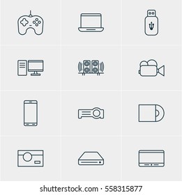 Vector Illustration Of 12 Technology Icons. Editable Pack Of Dvd Drive, Usb Card, Computer And Other Elements.