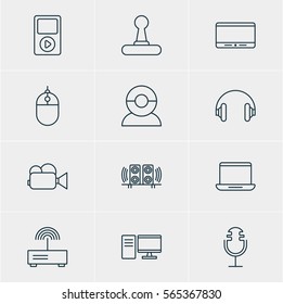 Vector Illustration Of 12 Technology Icons. Editable Pack Of Headset, Media Controller, Video Chat And Other Elements.