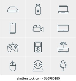 Vector Illustration Of 12 Technology Icons. Editable Pack Of Smartphone, Sound Recording, Cursor Controller And Other Elements.