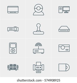 Vector Illustration Of 12 Technology Icons. Editable Pack Of Dvd Drive, Game Controller, Media Controller And Other Elements.