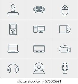 Vector Illustration Of 12 Technology Icons. Editable Pack Of Sound Recording, Headset, Monitor And Other Elements.