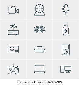 Vector Illustration Of 12 Technology Icons. Editable Pack Of Sound Recording, Photography, PC And Other Elements.