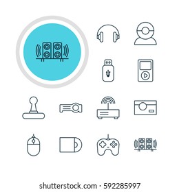Vector Illustration Of 12 Technology Icons. Editable Pack Of Dvd Drive, Media Controller, Modem And Other Elements.