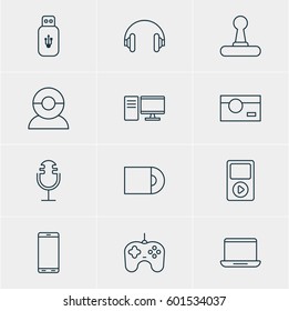 Vector Illustration Of 12 Technology Icons. Editable Pack Of Joypad, Headset, Game Controller And Other Elements.