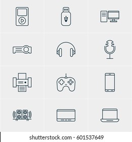 Vector Illustration Of 12 Technology Icons. Editable Pack Of Media Controller, Usb Card, Monitor And Other Elements.