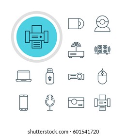 Vector Illustration Of 12 Technology Icons. Editable Pack Of Usb Card, Smartphone, Cursor Controller And Other Elements.