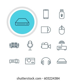 Vector Illustration Of 12 Technology Icons. Editable Pack Of Camcorder, Loudspeaker, Headset And Other Elements.