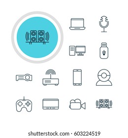 Vector Illustration Of 12 Technology Icons. Editable Pack Of Modem, Monitor, Sound Recording And Other Elements.
