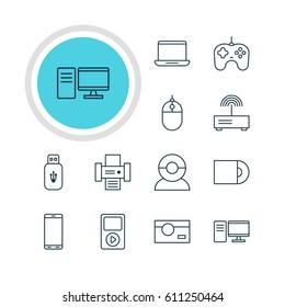 Vector Illustration Of 12 Technology Icons. Editable Pack Of PC, Cursor Controller, Video Chat And Other Elements.