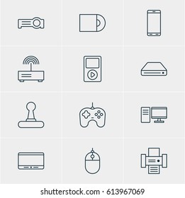 Vector Illustration Of 12 Technology Icons. Editable Pack Of Dvd Drive, Monitor, Photocopier And Other Elements.