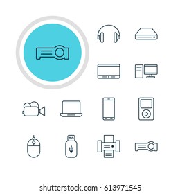 Vector Illustration Of 12 Technology Icons. Editable Pack Of Monitor, Computer, Smartphone And Other Elements.