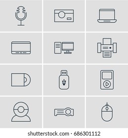 Vector Illustration Of 12 Technology Icons. Editable Pack Of Photocopier, Monitor, Media Controller And Other Elements.