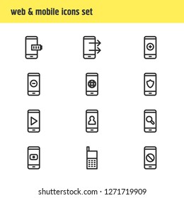 Vector illustration of 12 telephone icons line style. Editable set of play, globe, remove and other icon elements.