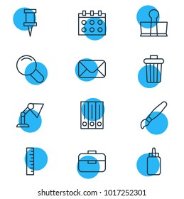 Vector illustration of 12 tools icons line style. Editable set of brush, envelope, ruler and other icon elements.