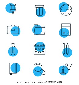 Vector Illustration Of 12 Tools Icons. Editable Pack Of Garbage Container, Copybook, Dossier And Other Elements.