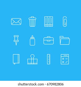 Vector Illustration Of 12 Tools Icons. Editable Pack Of Garbage Container, Archive, Portfolio And Other Elements.