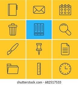 Vector Illustration Of 12 Tools Icons. Editable Pack Of Textbook, Watch, Archive And Other Elements.