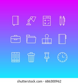 Vector Illustration Of 12 Tools Icons. Editable Pack Of Dossier, Watch, Binder Clip And Other Elements.