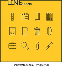 Vector Illustration Of 12 Tools Icons. Editable Pack Of Paperclip, Pencil, Copybook And Other Elements.