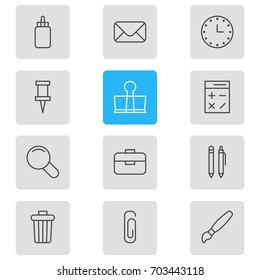 Vector Illustration Of 12 Tools Icons. Editable Pack Of Garbage Container, Zoom, Binder Clip And Other Elements.