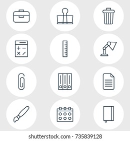 Vector Illustration Of 12 Tools Icons. Editable Pack Of Paperclip, Folder, Portfolio And Other Elements.