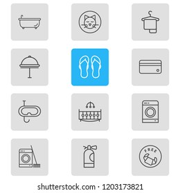 Vector illustration of 12 tourism icons line style. Editable set of washing machine, flip flops, bathtub and other icon elements.