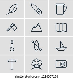 Vector illustration of 12 tourism icons line style. Editable set of blade, boat, forest and other icon elements.