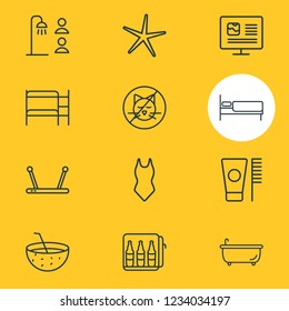 Vector illustration of 12 tourism icons line style. Editable set of double decker bed, router, swimsuit and other icon elements.