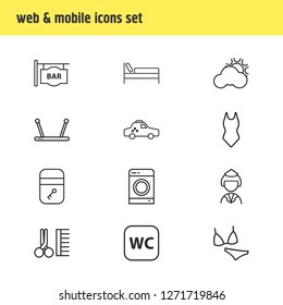 Vector illustration of 12 tourism icons line style. Editable set of bar, weather, servant and other icon elements.