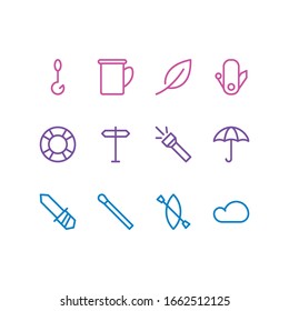 Vector illustration of 12 tourism icons line style. Editable set of flash, blade, signpost and other icon elements.